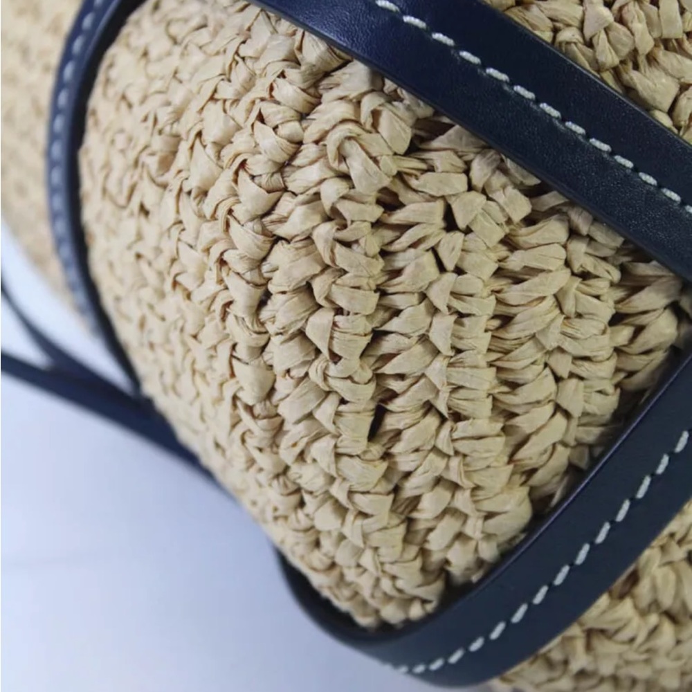 Tory Burch Leather Trim Basket Weave Drawstring Bucket Bag Blue - Picture 7 of 12